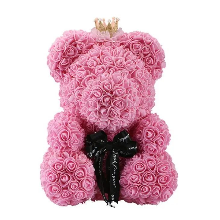 35cm with Crown Pink Искусственные цветы Роза медведь многоцветный пластик пена роза цветок плюшевый медведь День Святого Валентина подарок День Рождения Вечеринка весеннее украшение - Цвет: 35cm with Crown Pink