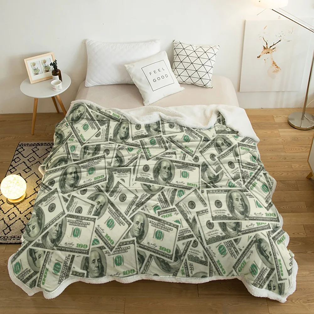 Одеяло с узором долларовых купюр, покрывало, мягкое и теплое, флисовое, рождественское украшение, покрывала для кроватей.
