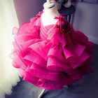 Симпатичные розово-красные платья для маленьких девочек с V-образным вырезом и открытой спиной, Пышное Платье для младенцев, детское платье