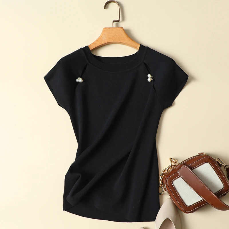 

Knitted Solid Beaded Women T-Shirts Summer New 2021 O-Neck Slim Elegant Office Lady Pulls Outwear Tops Tees