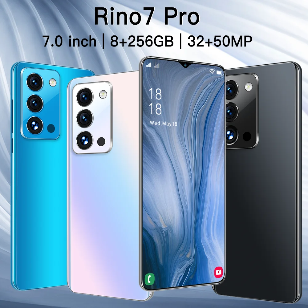 

New Arrival Rino7 Pro 7.0 Inch Full Screen 8GB+256GB Andriod 11 Dual SIM+SD Qualcomm888 Smart Phone 32+50MP 6800mAh Cell Phone