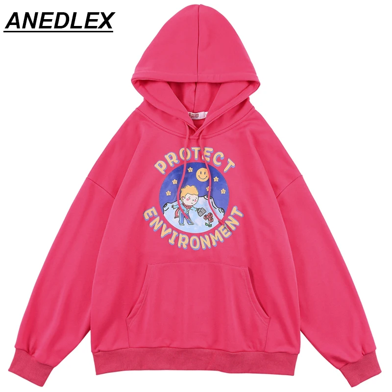 

Harajuku Streetwear Hooded Sweater Cartoon Print Punk Rock Hoodie Hip Hop Casual Autumn Fashion Jacket Top Hoodies Rose Red