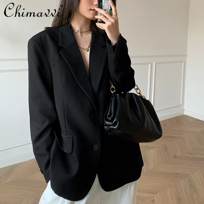 

Женский Повседневный пиджак, черный однотонный пиджак с английским воротником, свободного кроя, на весну и осень, 2021