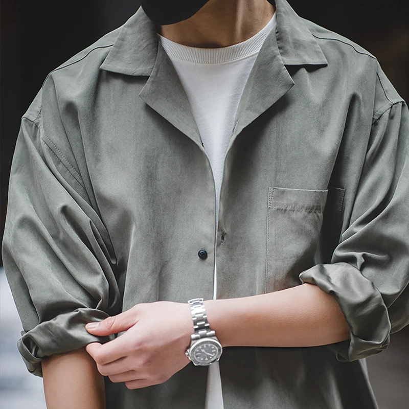 

Maden Toolwear American Cuban Turn-down Collar Long Sleeved Solid Shirt Japanese Vintage Loose Peachskin Handsome Male Clothing