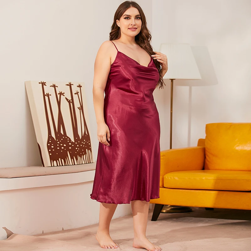 Plus Size Woman Pajamas Silk Like Satin Sexy Long Nightdress Big Size Ladies Sleepwear