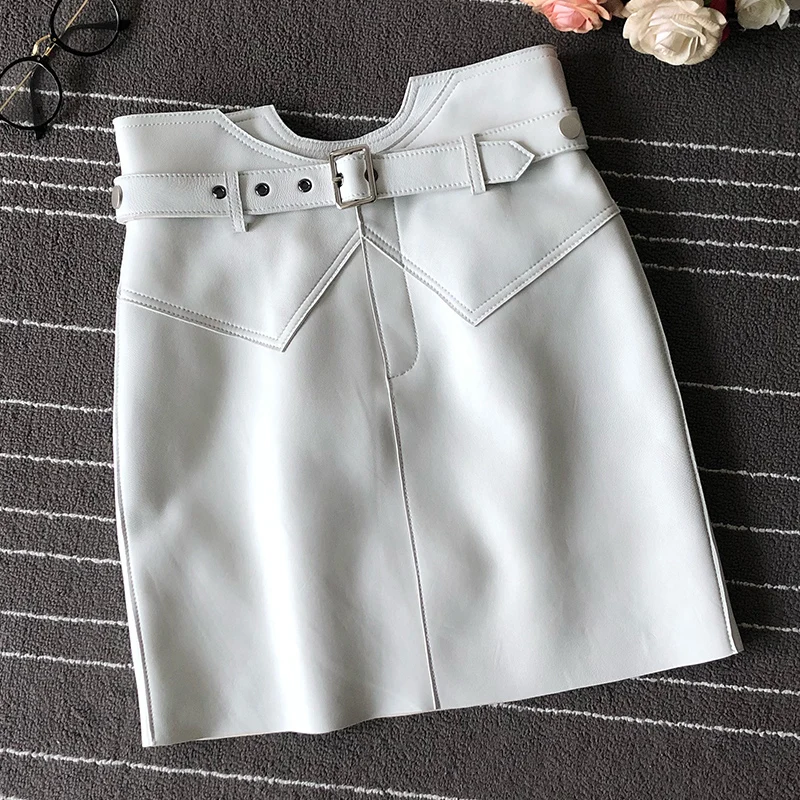 Lautaro Короткая черная кожаная юбка женская с поясом Белые юбки из искусственной