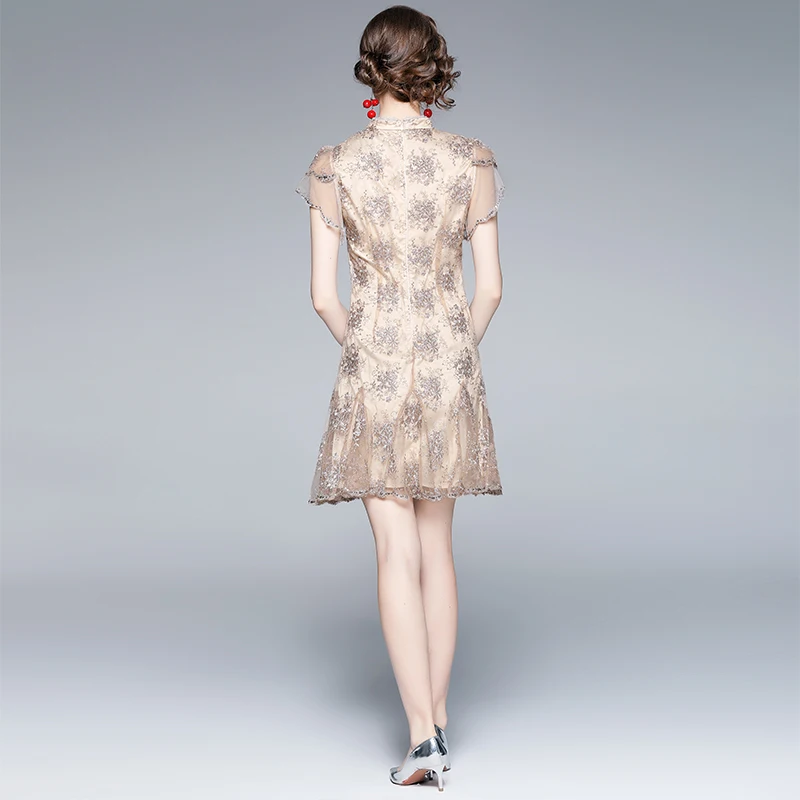 

Willstage Sequins Lace Dresses Improved Cheongsam For Women Summer Fish Tail Elegant Vintage Mermaid Dress Pearl Patchwork