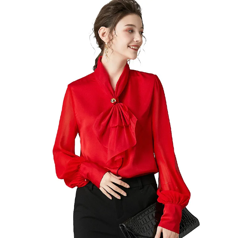 

Bow Tie Elegant Blouses 2020 Spring Summer White Pink Red Blouse Woman High Quality Silk Chiffon Blouse Female Solid Work Shirts