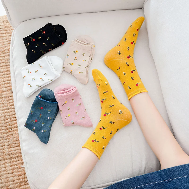 

Fashion New Cotton Socks Women Spring and Summer Pure Color Cute Printing Ladies Socks Breathable and Comfortable Sports Socks