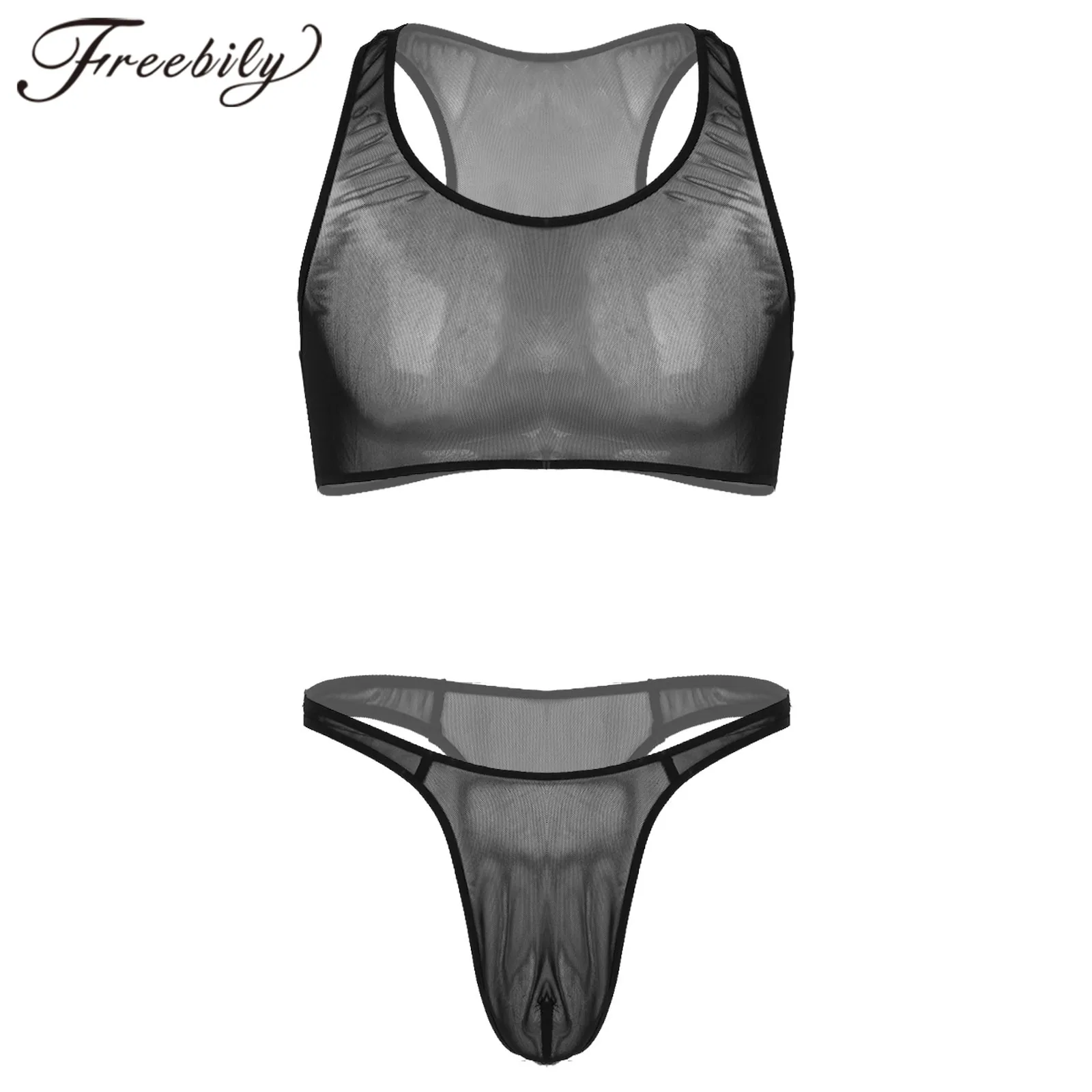 

Мужское сексуальное прозрачное Сетчатое нижнее белье, костюм из двух частей, купальник, укороченный топ без рукавов с низкой талией, стринг...