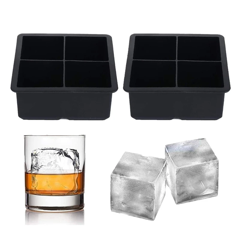 

2 Pcs 4 Square Grids Ice Cube Mold Ice Cube Silicone Tray for Whiskey Cocktails Reusable BPA Free Mould 85DA