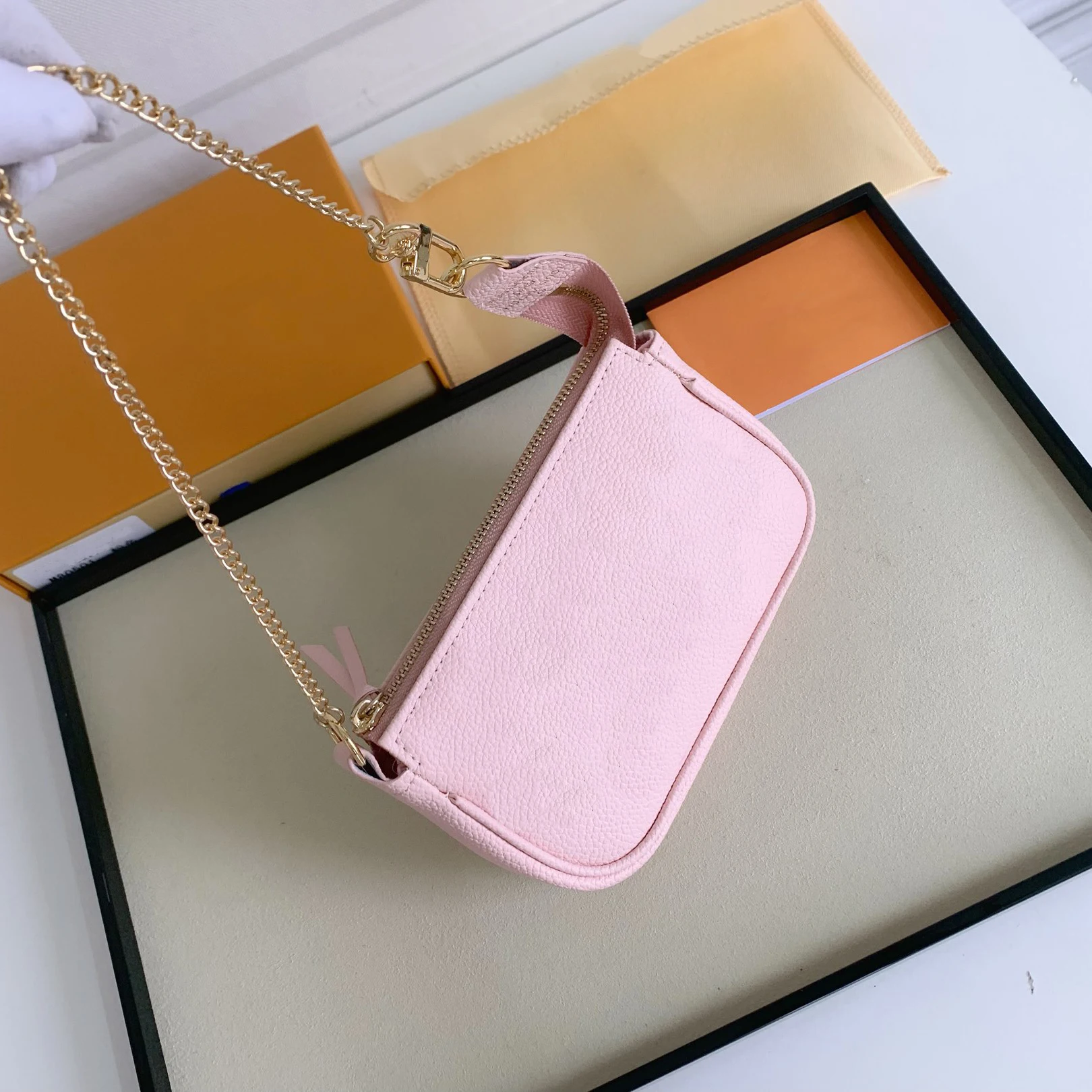 

High quality Luxury leather Women's shoulder bag Mini pochette accessoires handbag gold metal chain with gift box delivery