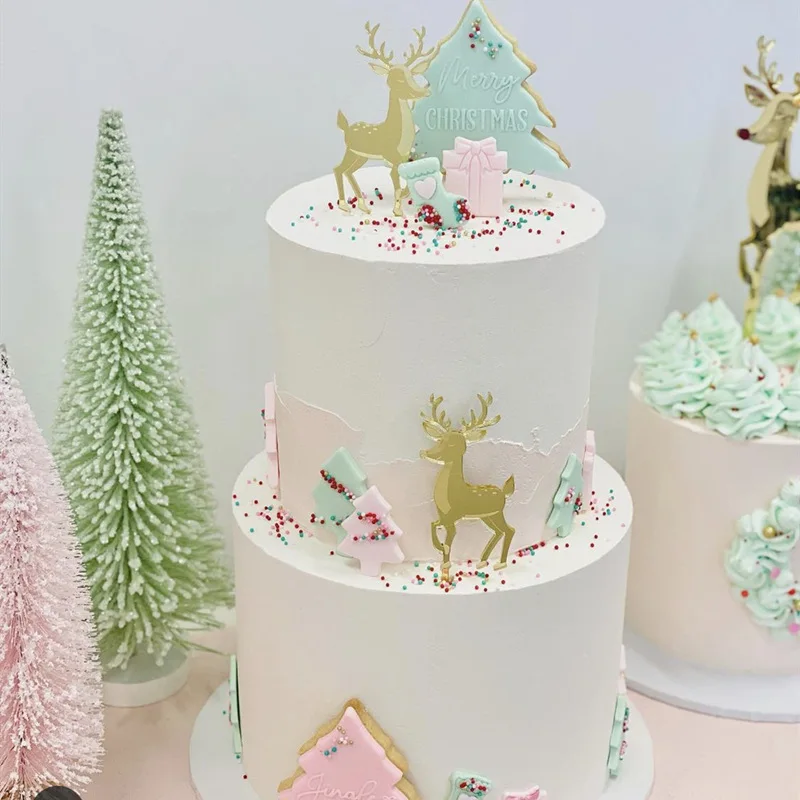 

New Acrylic Christmas Party Cake Topper Decoration Golden Elk Christmas tree Cake Toppers For Kids Xmas Family Party Cakes Gift