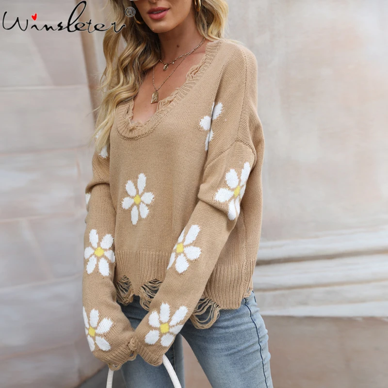 

Женский свитер с вышивкой и V-образным вырезом, T1N102A