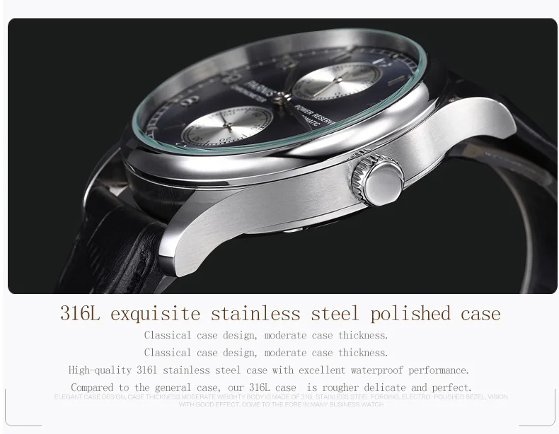 Parnis 43mm Silver Case Automatic Mechanical Men's Watch Power Reserve Black Leather Strap Men Watches heren horloge Luxury