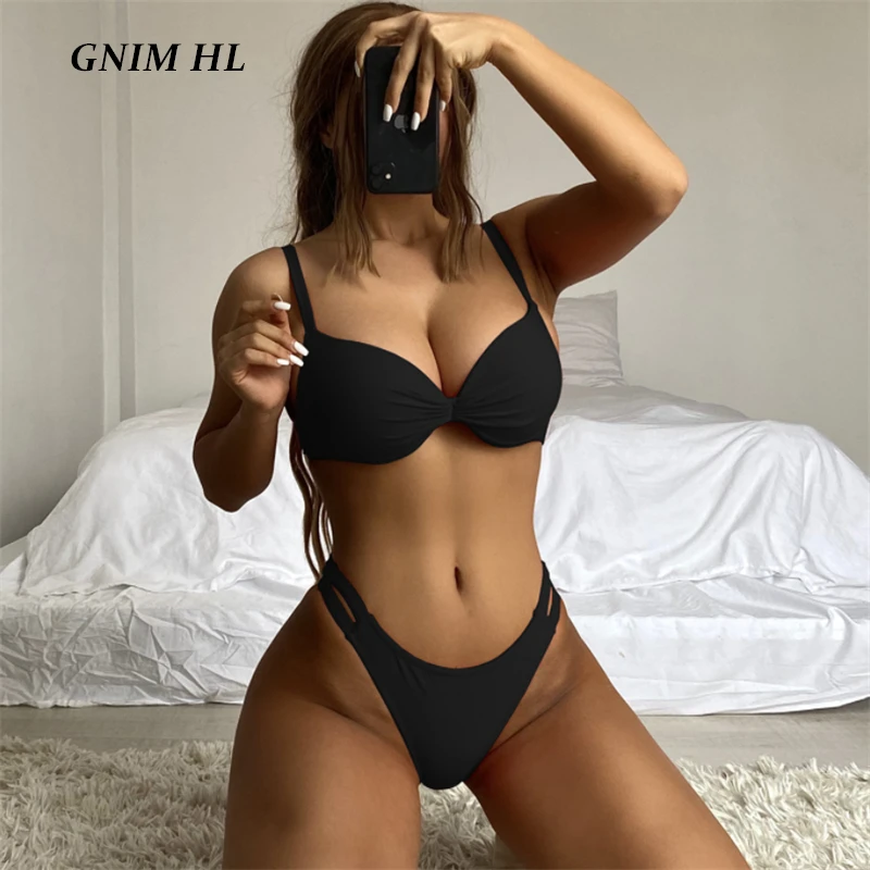 

GNIM Sexy Solid Swimwear Women Push Up Bikini Set 2021 Summer Beachwear High Cut Backless Swimsuit Female 2 Pieces Bathing Suit