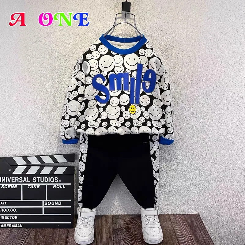 

Boys Spring autumn sweatshirt set clothes kids clothing baby hoodies + pants 2 pcs set fashion cartoon smile boys outfits 2T-12T