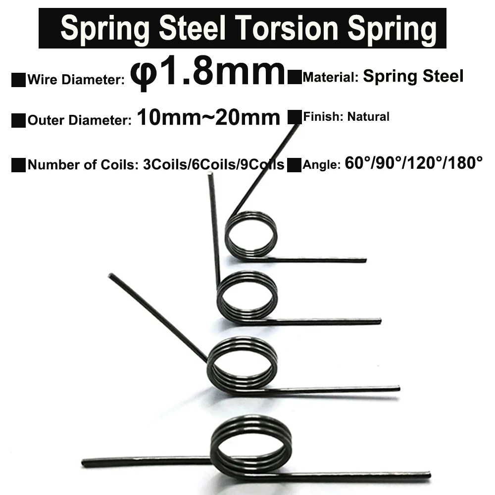 

10Pcs Wire Diameter 1.8mm Spring Steel Torsion Spring Hairpin Springs 3Coils/6Coils/9Coils Angle 60°/90°/120°/180°