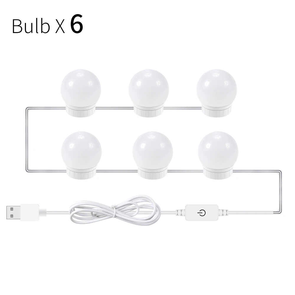 6Bulbs White Зеркальный светодиодный светильник USB косметический СВЕТОДИОДНЫЙ светильник 12 В штепсельная вилка стандарта США и ЕС бесступенчатая настенная лампа с регулируемой яркостью голливудский зеркальный светильник лампа 2 6 10 14 лампочка - Цвет абажура: 6Bulbs White