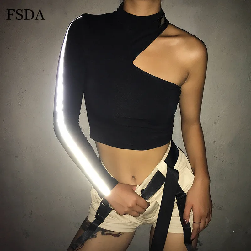 FSDA на одно плечо светоотражающий укороченный Топ с длинным рукавом в стиле