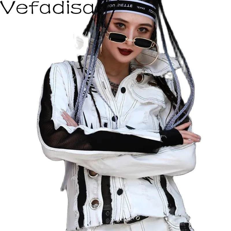 

Vefadisa 2022 Spring Personalized White Women Denim Coat Fashion Mesh Patchwork Female Jacket Letter Print Women Coat QYF6274