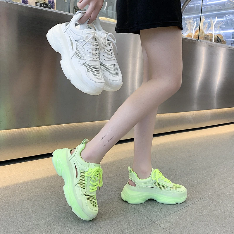 

Women Platform Sneakers Designers Summer Mesh Lace Up Casual Shoes Fashion 5cm High Chunky Sneaker Ladies Vulcanized Shoes Woman