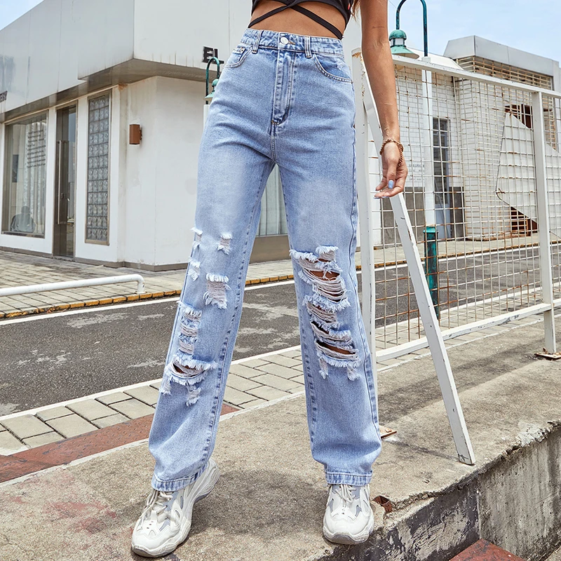 

Rainbowwaves New Women Straight Leg Ripped Denim Pants Streetwear Sexy Trend Casual Jeans Female Fashion Loose Trousers Clubwear