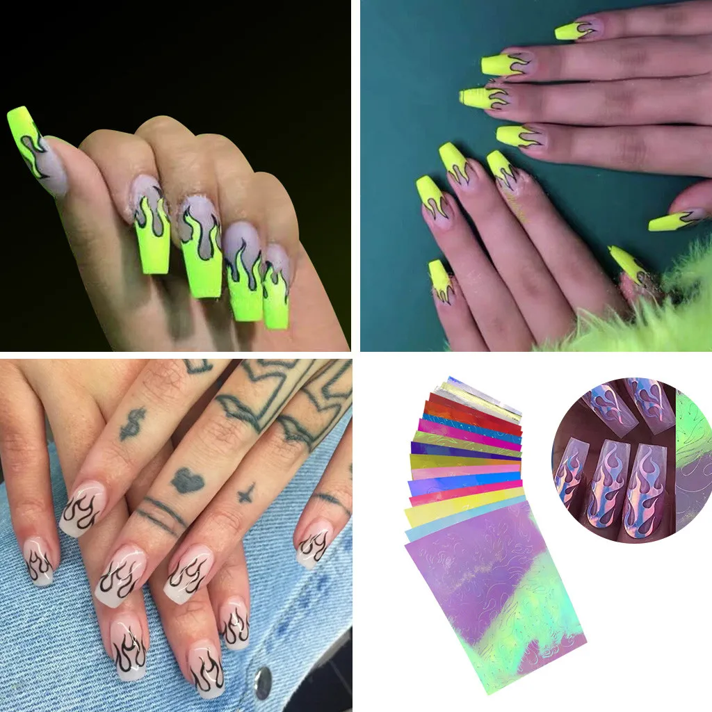 16 шт. огонь ногтей полоса Голографическая лента нейл-арта Стикеры s DIY Фольга наклейка Стикеры пламени отражения клейкой ленты 8x6 см