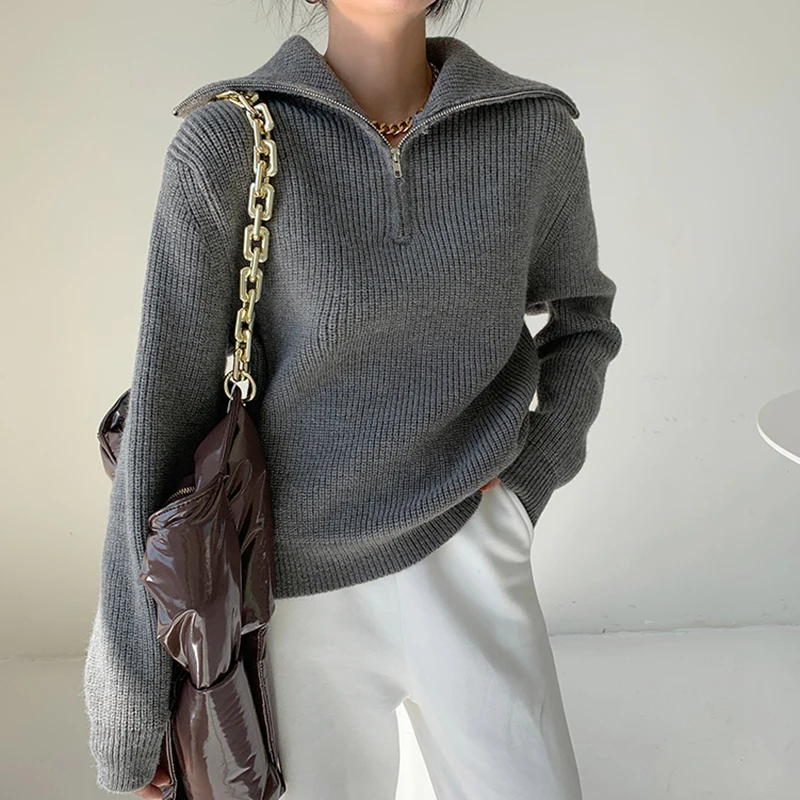 

Модный повседневный Толстый Пуловер на молнии с высоким воротником, свитера для женщин, новые свободные Женские однотонные вязаные джемпер...