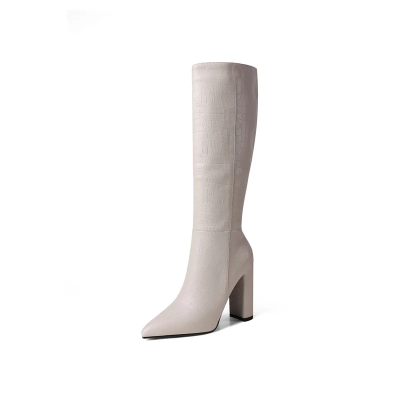 

New Fashion Women Boots High Quality Sexy High Heels Pointed Toe Black Beige Dress Party Autumn Winter Knee High Boots Big Size