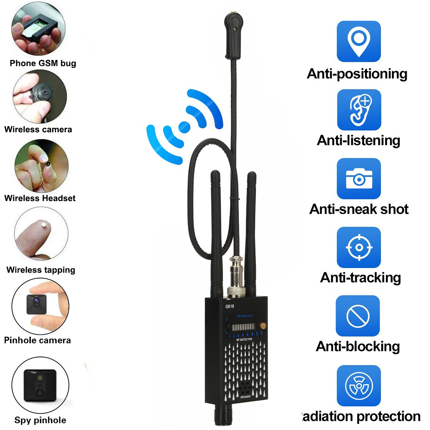 

Anti Spy Wireless RF Signal Detector Bug GSM GPS Tracker Camera Eavesdropping Device Professional Signal Finder
