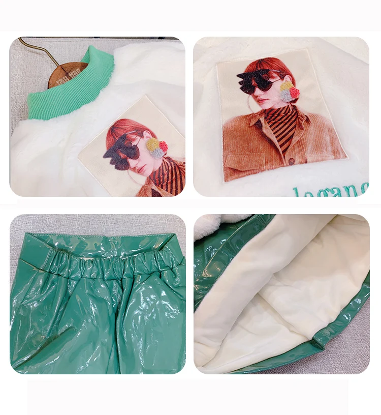 Spring Autumn warm girls 2 pcs set baby sweatshirt + PU skirt kids suit children fashion clothes soft fur patch Gloss to 7 yrs |