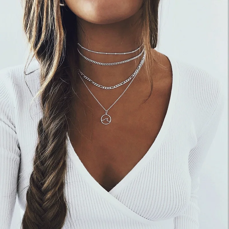 

Silver Color Multilayer Round Hollow Circle Pendant Necklace for Women Fashion Chain Necklace Simple Female Neck Jewelry