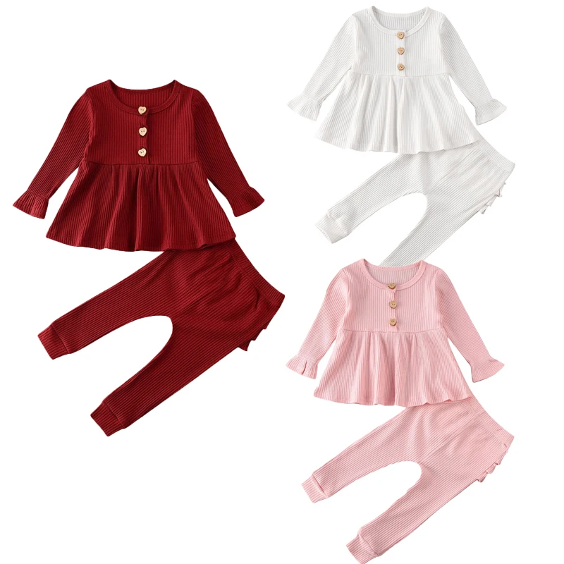 Infant Kids Baby Girl Boys Clothes Sets Solid Long Sleeve Knitted Tops Dress+Ruffle Leggings Pants Outfits | Детская одежда и