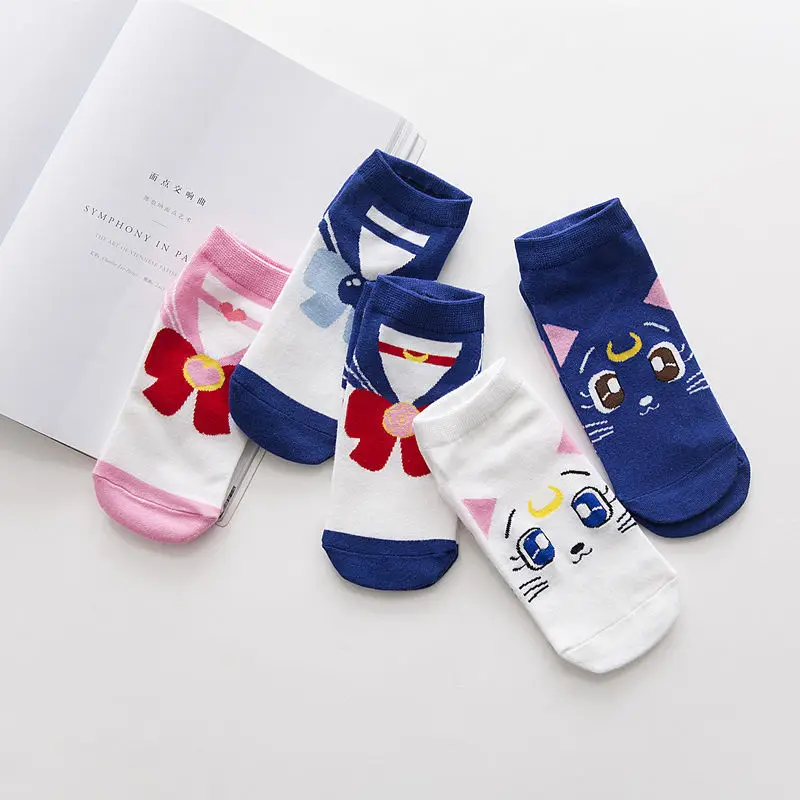 5 Pairs/Set Japanese Cartoon Socks Female Cute Shallow Mouth Low Cut Short Socks Moon Girl  Anime Bow Student Boat Socks