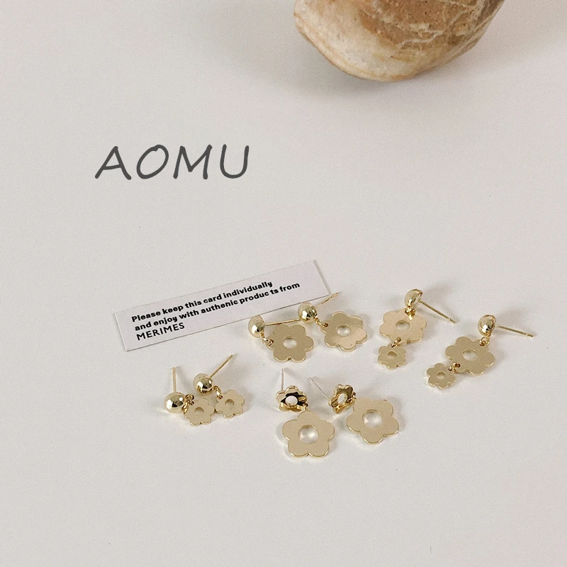 AOMU 2020 S925 Модные металлические золотые полые серьги в виде цветка геометрические