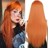 azqueen long straight synthetic wigs orange color women cosplays wig 30 inches central part hair silver grey white red colour