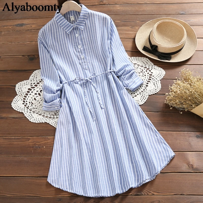Женское платье рубашка весна осень повседневное в полоску хлопковое льняное