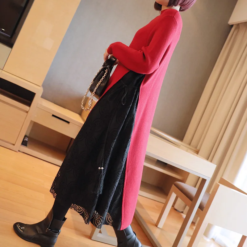 Женское кружевное платье LANMREM трикотажное с высоким воротом длинным рукавом и