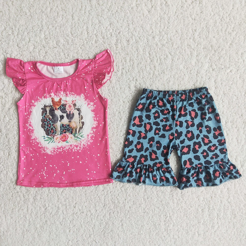 

Summer Baby Girls Boutique Children Clothes Milk Cow Chick Hot Pink Shirt Blue Leopard Shorts Kids Clothing