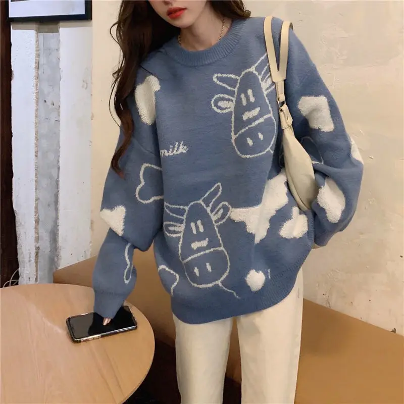 

Autumn and Winter New round Neck Sweater Women 's Cartoon Pattern Idle Style Loose Slimming and All -Matching Knitwear Commuter