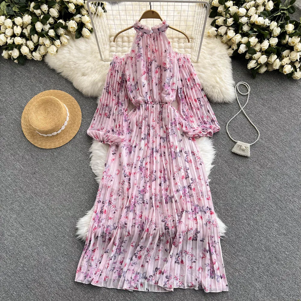 

B917 Women New Fashion Western Style Slim Elegant Off-shoulder Long Sleeve Chiffon Floral Print Dress Vestidos De Mujer
