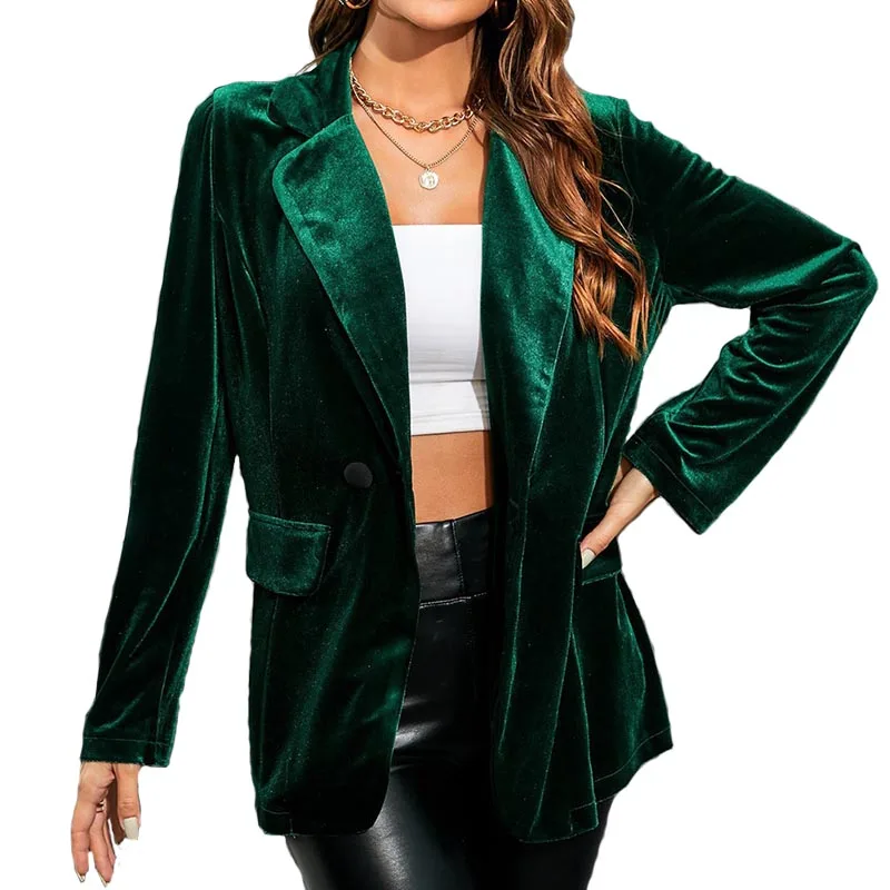 Green Velvet Coat Women Blazer 2022 Spring Notched Collar Long Sleeve Loose Elegant Ladies Jackets Trendy Outwear Tops N112