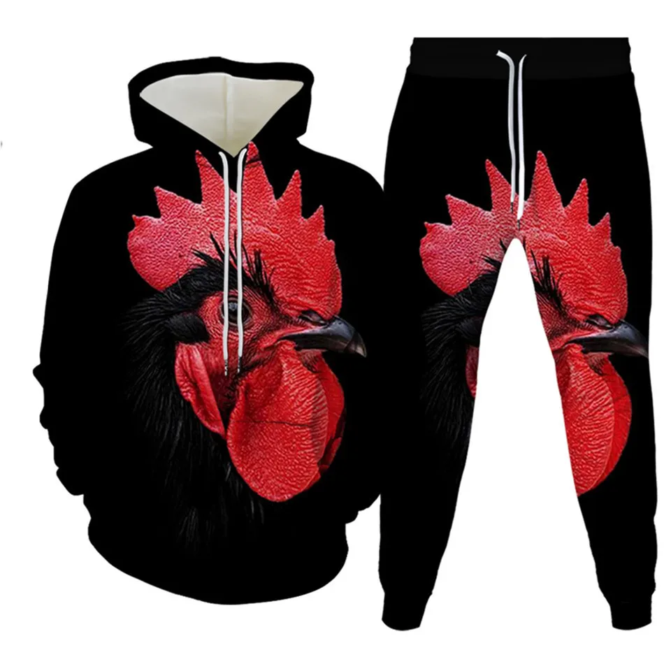 

Spring Autumn Men Women Tracksuit Animal Fowl Chicken Head 3D Print Costume Suit Teens Clothes Hoodies+Pants 2pc Plus Size S-6X