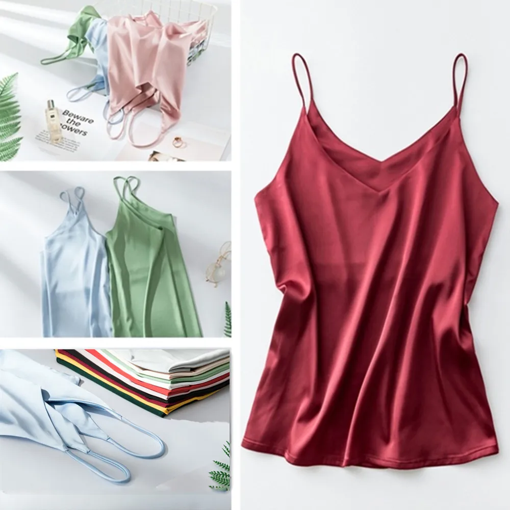 

Женские летние топы с v-образным вырезом, атласное шелковое платье без рукавов, повседневные топы на бретельках 2020
