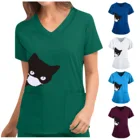 Униформа медсестры скрабы женский милый топ с принтом кошки с коротким рукавом и V-образным вырезом Рабочая Униформа однотонный Карманный Топ