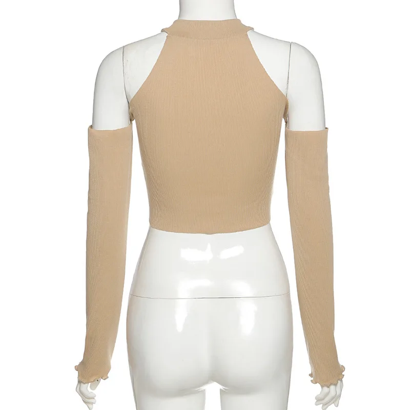 

Fashion Casual Solid Color Tight-fitting Slim Drawstring Belt Crop Top Sexy Club Off-shoulder Long-sleeved T-shirt for Women