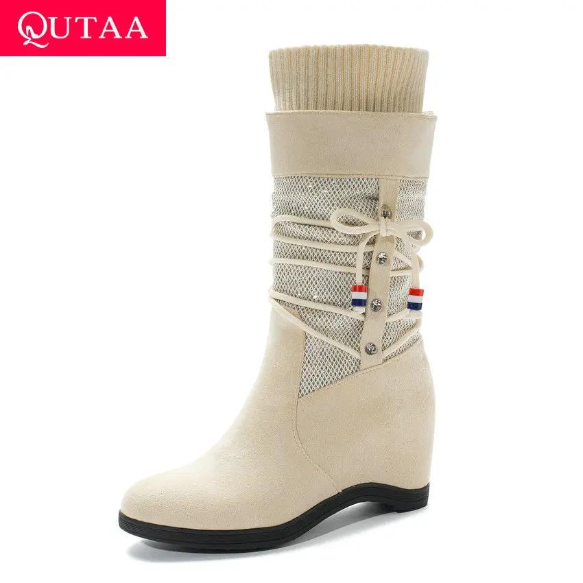 Женские повседневные сапоги на танкетке QUTAA черные до середины икры с круглым