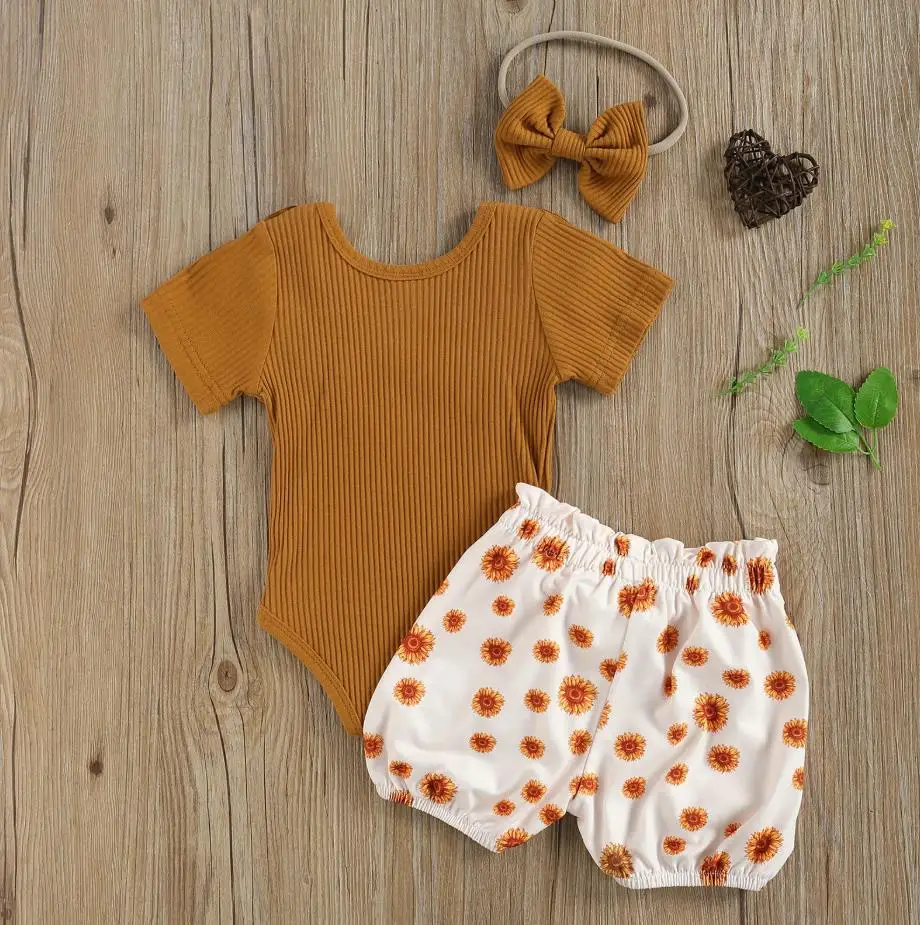 

3 Pcs Newborn Baby Girls Casual Outfits Baby Short Sleeve Round Neck Ruffle Rompers Printed Shorts with Bowknot Headband Sets