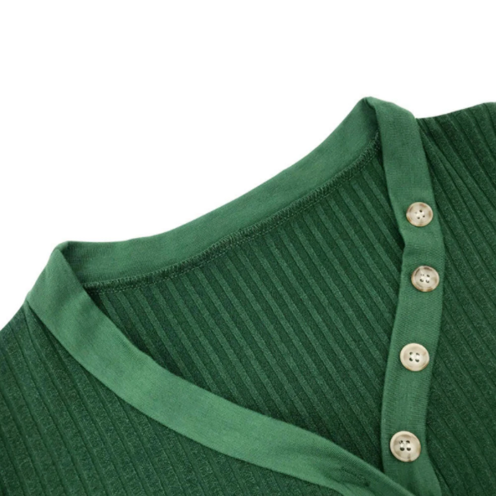 

Women's Faux Button V Neck T-shirt Spring Long Sleeve Ribbed Knitted Top 2021 Spring Autumn Slim Elegant Pullover Button T Shirt
